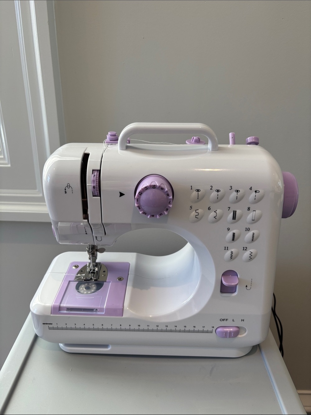 Kids Mini Sewing Machine in White and Lavender - Portable Toy Sewing Kit